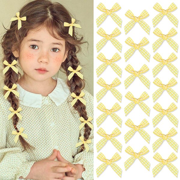 SAWINDA 20PCS Mini Hair Bows Gingham Craft Bow Hair Clips Yellow Bows for Hair Small Checkered Hair Bowknot Barrettes Cute Claw Clips Hair Ribbon Hair Clips Accessories for Teens and Girls
