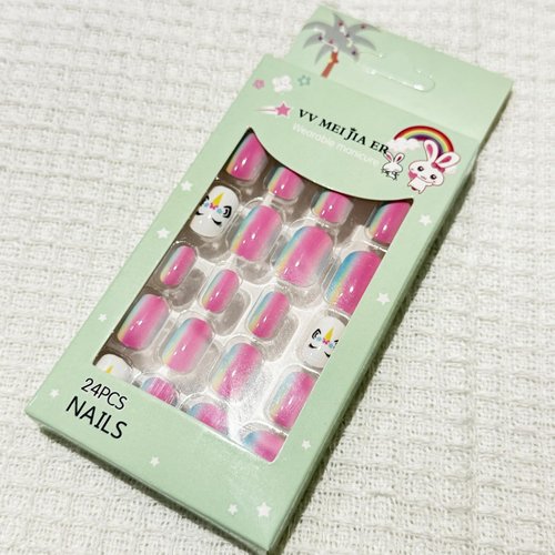 Cute Press on Nails 24pcs Kids Mini Stick on Nails，Full Cover Pink Colorful Artificial False Nails，Fingernails for Girls Children Party Makeovers Nail Decoration