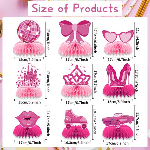 Refavor Hot Pink Party Decorations - 9PCS Pink Birthday Decorations for Party Western Cowgirl Party Table Decorations Pink Honeycomb Centerpiece Decor Pink Princess Bachelorette Party Decoration Girls