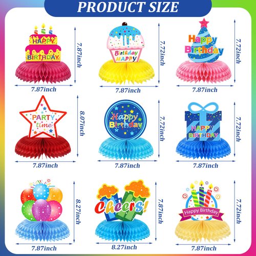 9 Pieces Happy Birthday Party Decorations Birthday Table Centerpieces Happy Birthday Honeycomb Centerpieces for Men and Woman Birthday Party Supplies (Cute Style)