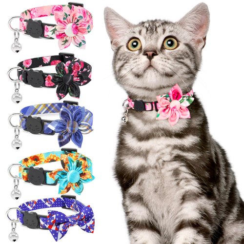 Cat Bowtie Collar Floral Rose Flower Cat Collar with Bells Breakaway Kitten Collar Halloween Cat Collar Puppy Collar Pink Cat Collars for Girl Cats