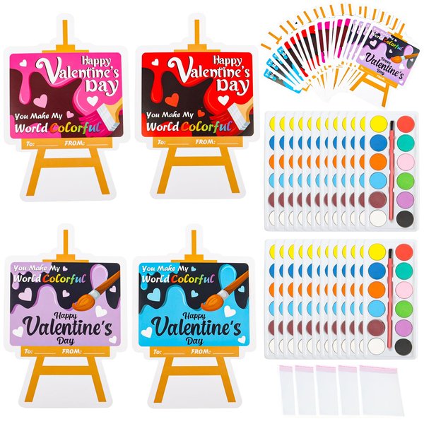 KIMOBER 24 Packs Valentine's Day Gifts Cards with Watercolor Paint,Valentines Day Exchange Gifts with 25 Seal Bags for School Classroom Party Favors Supplies