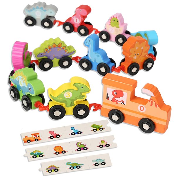 HOMEE Toddler Dinosaur Train Set with Number 0-10, 11 Pieces Kids Wooden Dino Train Toys with Puzzles,Montessori Educational Dinosaur Train Toys for Kids 3 4 5 Year Old Boys Girls Gifts