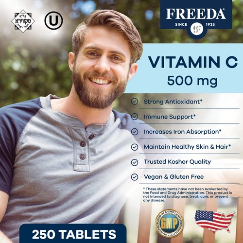 FREEDA Vitamin C - Vegan Vitamin C 500mg - Kosher - Powerful Antioxidant Immune Support - Easy to Swallow Vitamins C Tablets as Ascorbic Acid - Pure Vitamin C 500 mg - VIT C Supplement (250 Count)