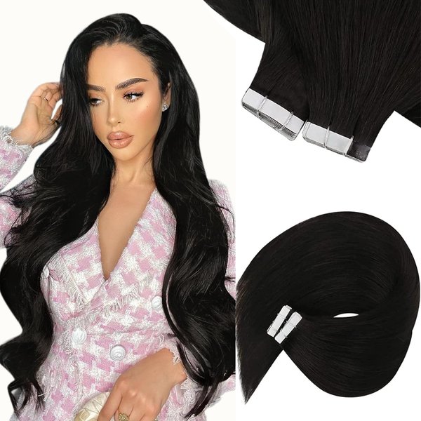 Sunny Hair Tape in Extensions Black Tape in Human Hair Extensions Natural Black Invisible Tape in Hair Extensions Black Hair Seamless Tape in Extensions Human Hair Black Hair for Women 20pcs 50g 22in