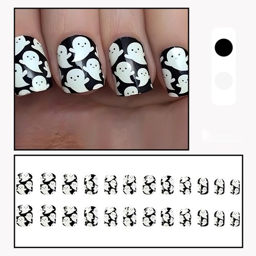 24 Pcs Halloween Press on Nails Short Square Fake Nails Glow in the Dark False Nails with Cute Ghost Design Acrylic Nails Luminous Glue on Nails Press ons Full Cover Reusable Stick on Nails for Women
