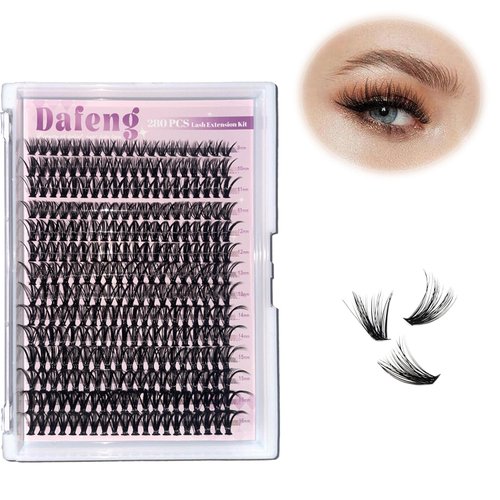 DaFeng Lash Clusters 280Pcs Eyelash Extension Kit 40D Curl 9-16mm Eyelash Clusters Lash Extension Kit, DIY Lash Extensions for Self Application at Home（280pcs-40D-0.07D-9-16MIX）