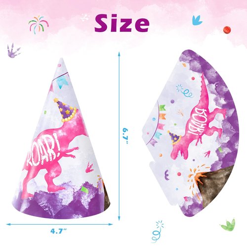 WERNNSAI Dinosaur Party Hats, 24 PCS Watercolor Dino Themed Birthday Headwear, Costume Headwear for Girls Baby Shower, All Ages, Elastic Closure, Hand Wash Only, Paper, 6.7" x 4.7"