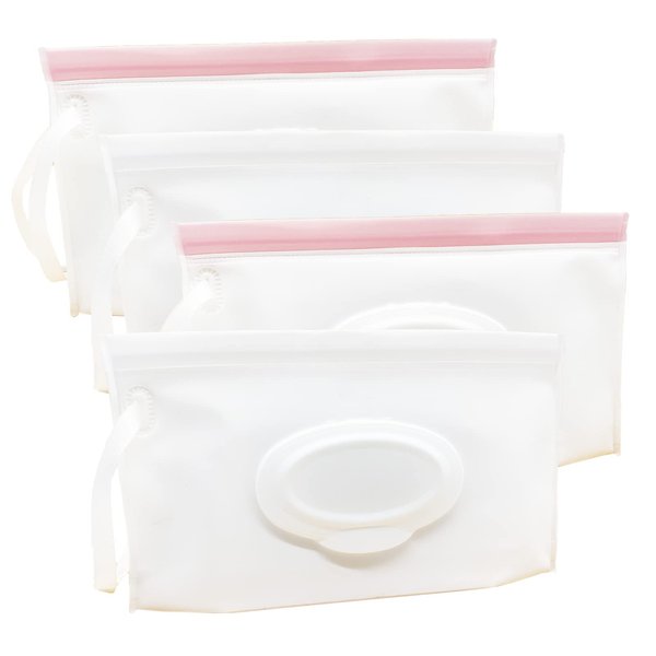 VOONGOR Portable Refillable Wet Wipe Pouch, Reusable Travel Wipes Holder & Case, Lightweight Flushable Diaper Wipes Container for Baby (4 Pack, Milk White)