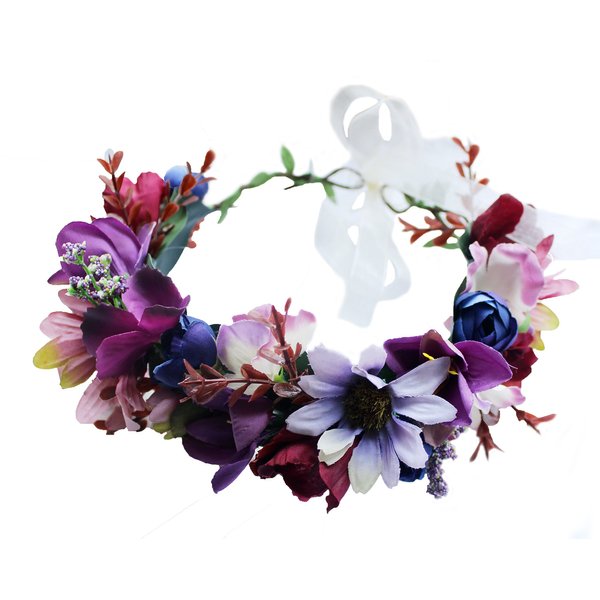 Vivivalue Floral Halo Boho Flower Headband Floral Crown Headpiece Hair Wreath with Ribbon Wedding Party Prom Photos Festival Purple