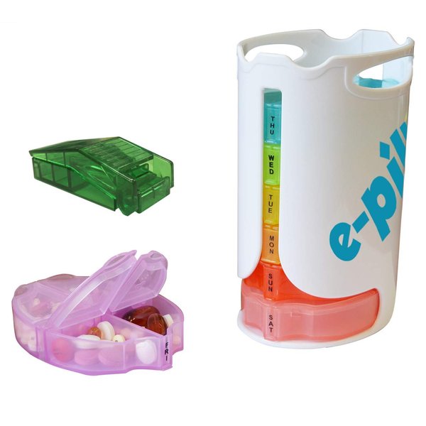 e-Pill Tower Pro - 4 Times a Day x 7 Day Weekly Pill Organizer, Vitamin and Medicine Pill Box - Stackable Pillbox Holder and Pill Cutter