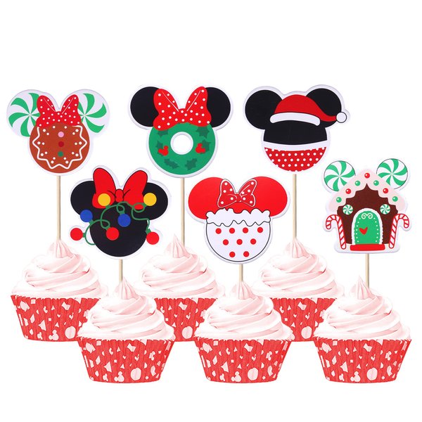 36 Pack Merry Christmas Cupcake Toppers Mouse Christmas Hat Cupcake Picks Xmas Holiday New Year Kids Birthday Cake Decoations Party Supplies