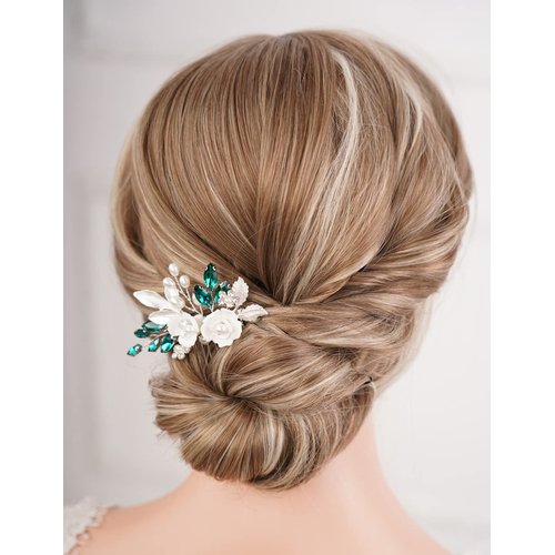Missgrace Bride Wedding Crystal Pearl Leaf Rhinestones Hair Comb Green Bridal Hair Pieces Rhinestone Bridal Hair Clip Flower Hair Side Combs Wedding Hair Accessories for Brides Women (Silver) (Silver Green)