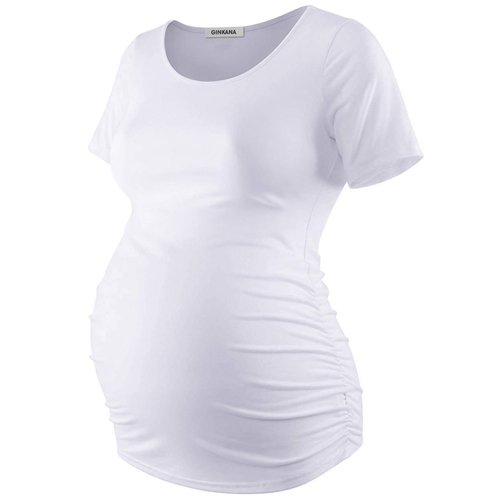 GINKANA Short Sleeve Maternity Tops Shirts White Ruched Sides Casual Mama Pregnancy Blouses Clothes