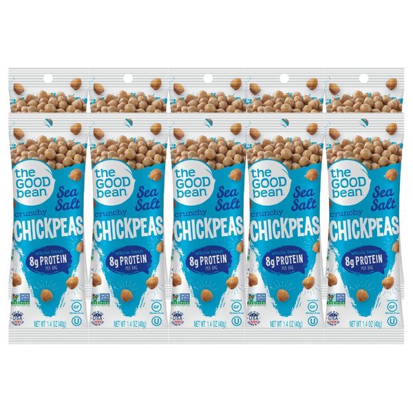 The Good Bean Crunchy Chickpeas - Sea Salt - (10 Pack) 1.4 oz Packet - Roasted Chickpea Beans - Vegan Snack with Good Source of Plant Protein and Fiber