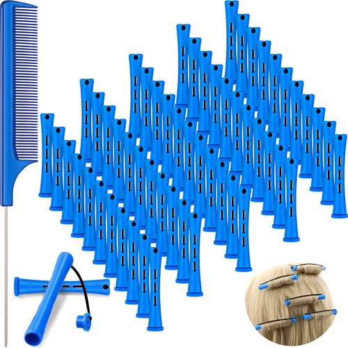 60 Pieces Short Hair Perm Rods Cold Wave Rods Plastic Perming Rods Hair Curling Rollers Curlers with Steel Pintail Comb Rat Tail Comb for Hairdressing Styling Supplies (0.35 Inch, Blue)