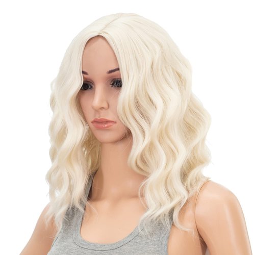 SWACC 15 Inch Short Curly Wavy Hair Wig Medium Length Synthetic Colorful Cosplay Daily Party Wig for Women with Wig Cap (Platinum Blonde)