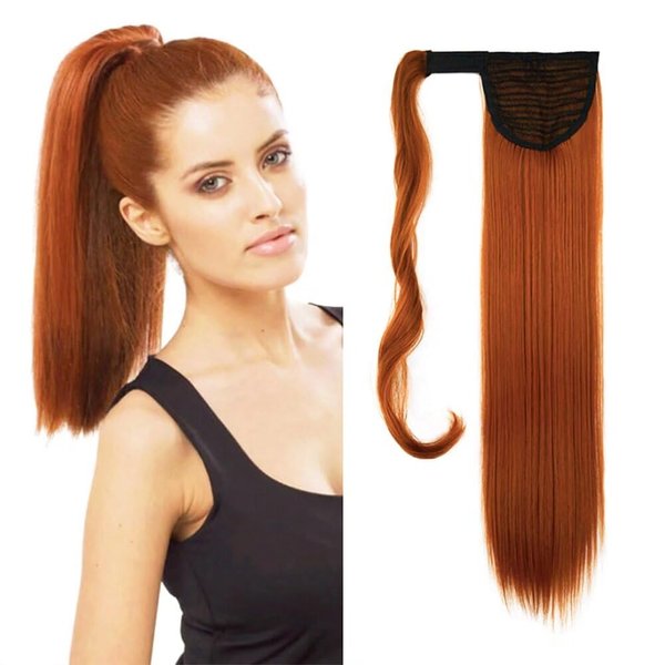iLUU Orange Red One Piece Wrap Around Ponytail Clip in Straight Pony Tial Hair Extensions 24inch 100g Synthetic Wig Clip on Hairpiece #119 Copper Red Fire Red Ponytail Extension for Girl Lady Women