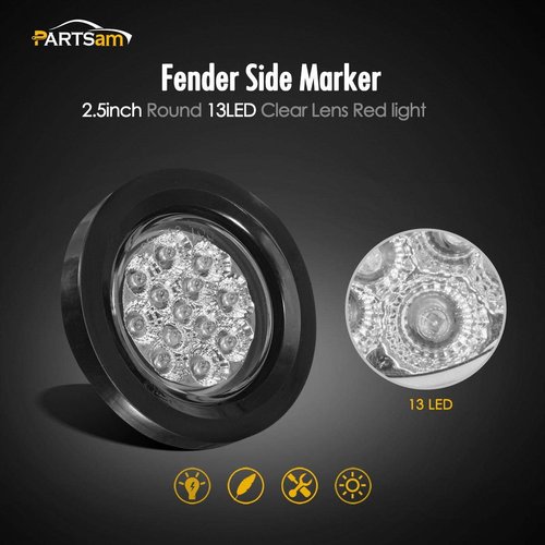 Partsam 10Pcs 2.5" Round Red 13 LED Side Marker Clearance Lights with Reflectors for Truck Trailer RV, Grommets and Pigtails Include, Clear Lens, Sealed Waterproof, Flush Mount, 12V