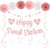 KOKAR Sweet 16 Party Decorations – Rose Gold Happy Sweet Sixteen Birthday Banner, Paper Pom Poms, Hanging Swirls and Glitter Circle Dots Garland for 16th Birthday Decorations