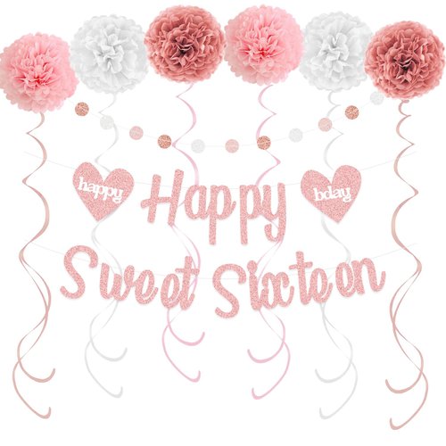 KOKAR Sweet 16 Party Decorations – Rose Gold Happy Sweet Sixteen Birthday Banner, Paper Pom Poms, Hanging Swirls and Glitter Circle Dots Garland for 16th Birthday Decorations