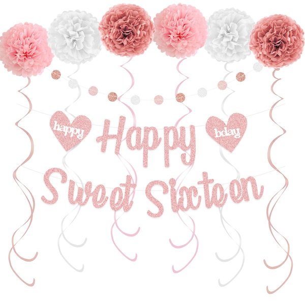 KOKAR Sweet 16 Party Decorations – Rose Gold Happy Sweet Sixteen Birthday Banner, Paper Pom Poms, Hanging Swirls and Glitter Circle Dots Garland for 16th Birthday Decorations