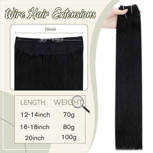 Easyouth Wire Hair Extensions Real Human Hair Black Human Hair Wire Hair Extensions with Transparent Headband Jet Black #1 Invisible Wire Human Hair Extensions 18 inch 80g
