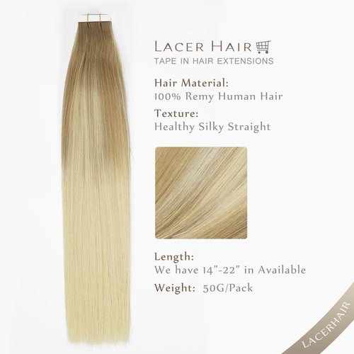 LacerHair BalayageTape in Hair Extensions Human Hair Double Side Tape Seamless Skin Weft Ombre Light Brown to Platinum Blonde B#8/60 50 Grams 20Pcs 14 Inch