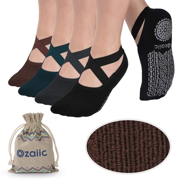 Ozaiic Yoga Socks for Women Non-Slip Grips & Straps, Ideal for Pilates, Pure Barre, Ballet, Dance, Barefoot Workout (4 Pairs-Coffee/Green/Black/Gray, one_size)