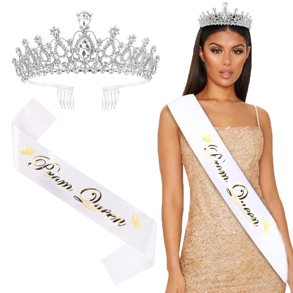 BAHABY Prom Queen Sash and Tiara Set, Silver Crowns for Women and White Sash- Graduation Party School Party Accessories Bachelorette Party Wedding Bridal Shower Halloween Party Favors