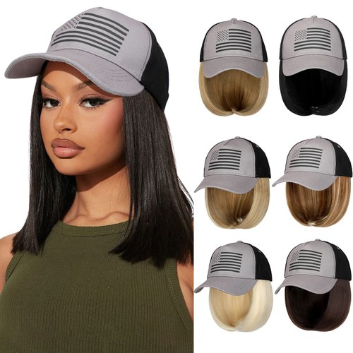 Lansigreen American Flag Hat with Hair Extensions Hat Wig USA Flag Adjustable Attached Straight Short 14" Synthetic Hairpiece for Women Dark Black