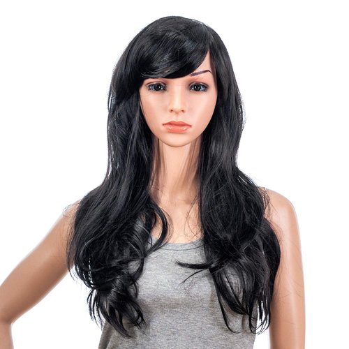 SWACC 26-Inch Long Curly Wave Cosplay Synthetic Wig Colored Hair Piece for Women with Wig Cap (Black)