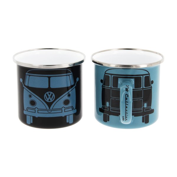 BRISA VW Collection - Volkswagen 2-piece Enamel Coffee-Tea Mug Cup Set for Camping & Outdoor T1 Bus (Black/Blue)