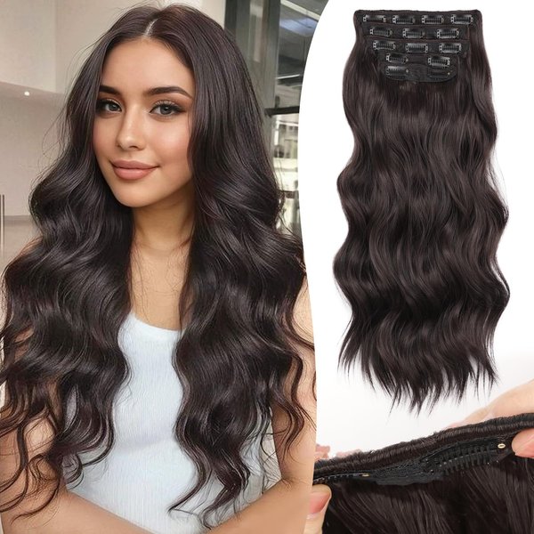 ISAIC Invisible Hair Extensions, 20 Inch Thick Long Wavy Synthetic Clip in Hair Extensions for Women with Thinning Hair, Invisible Dark Brown Hair Extensions Clip ins for Added Volume （20Inch 5PCS)
