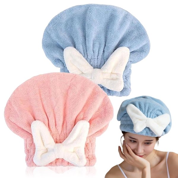 LUGEMA Super Absorbent Hair Towel Wrap for Wet Hair, Microfiber Hair Drying Caps Soft Absorbent Quick Drying Cap for Curly Thick Hair, Fast Drying Hair Turban Wrap Cap for Girls and Women (Pink+Blue)