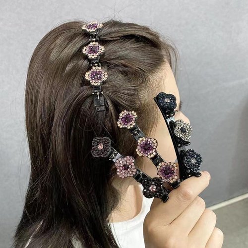 Sparkling Crystal Stone Braided Hair Clips, Satin Fabric Hair Bands with Crystal, Duckbill Hair Clips, Four-Leaf Clover Chopped Hairpin Duckbill Clip, Clover Rhinestone Flower Pearl Hair Clip for Woman Girls (Four-Leaf Clover -4 PCS)