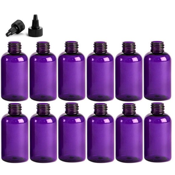 Premium Essential Oil 4 Ounce Boston Round Bottles, PET Plastic Empty Refillable BPA-Free, with Black Twist Top Caps (Pack of 12) (Purple)