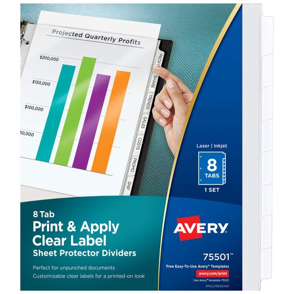 Avery 8-Tab Sheet Protector Dividers, Printable Easy Peel Clear Labels, Index Maker, White Tabs, 1 Set (75501)