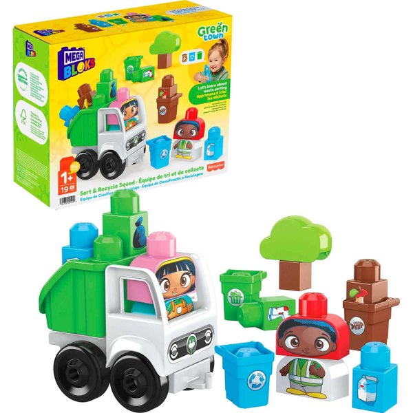 Mega BLOKS Fisher-Price Toddler Building Blocks, Green Town Sort & Recycle Squad with 15 Pieces, 2 Figures, Toy Gift Ideas for Kids