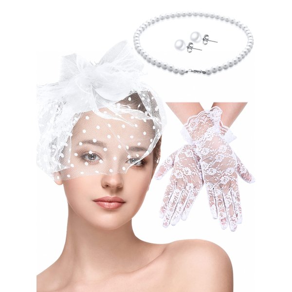Honoson 4 Pieces Fascinators Hat for Women Headband Tea Party with Short Lace Gloves (White)