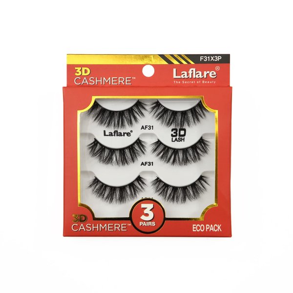 Laflare 3D Cashmere False Eyelashes 3 pcs Multipack, Ultra Soft, Glam, Wispy, Fresh, Luxurious, Cruelty-Free, Reusable, 100% Cashmere Texture, Fake Eyelashes 3 Pairs Eco Pack (F31X3P)