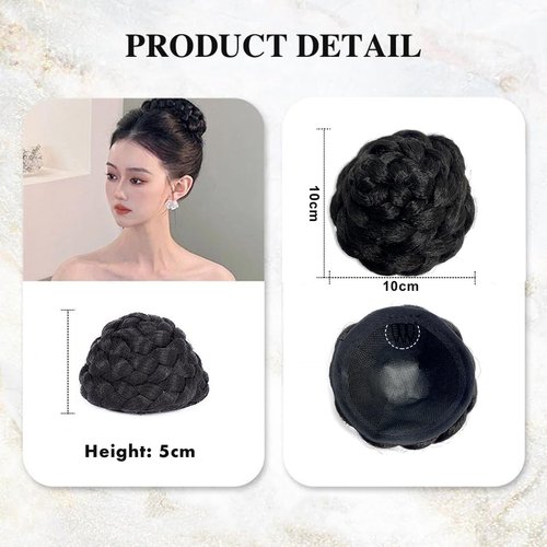 VAVANGA Small Size Natural Braided Chignon Bun Hairpiece Black Donut Scrunchie Clip in Hair Bun Updo Hair Piece Twisted Bun Ponytail Hair Extensions Clip in Fake Bun for Women(#1B, N1-BL)