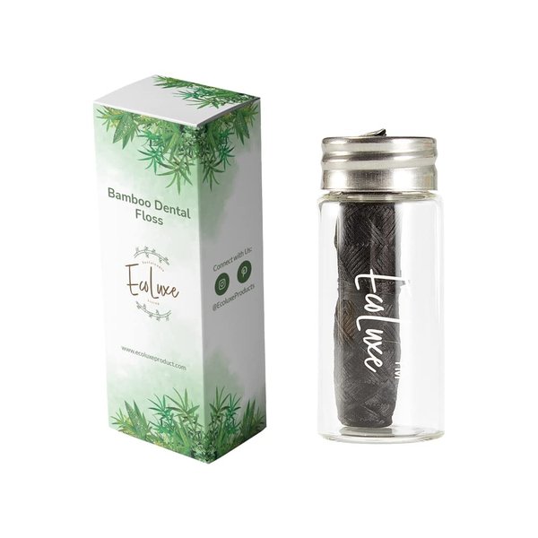 EcoLuxe Bamboo Charcoal Infused Dental Floss, Mint Flavor in refillable Glass Container with Stainless Steel Razor Sharp Removable lid.