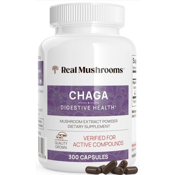 Real Mushrooms Chaga Capsules - Organic Mushroom Supplement with Chaga Extract - Chaga Mushroom Powder for Digestion, Energy, & Immune Support - Vegan Mushroom Extract, Non-GMO, 300 Caps