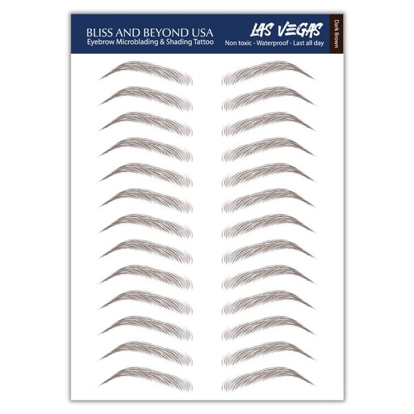 Bliss and Beyond USA | Waterproof Eyebrow Tattoo Stickers. A real hair stroke look. Hair replacement without surgery. Solution for hair loss. Bushy Tinted eyebrow tattoos. (New Las Vegas, Dark Brown)