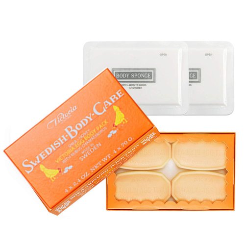 Victoria Soaps of Sweden Swedish Body Care Shea Butter Soap, Honey and Cloudberry, 4 CT with Disposable Body Shower Sponge 2CT
