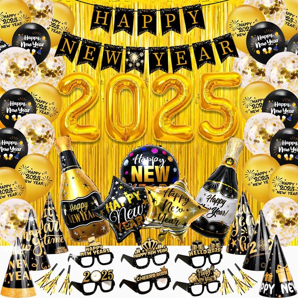 New Years Eve Party Supplies 2025 Including 2025 Foil Balloons,Happy New Year Banner, Balloons Set, Hat and Party Glasses for 2025 Happy New Year Decoration