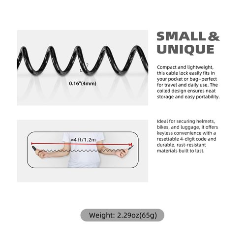 UP Security Small Combo Bike Lock Cable, Retractable Combination Cable Lock with Code, for Travel Safe Luggage, Suitcase, Scooter Ebike Bicycle Motorcycle Helmet Anti Theft, Outdoor Ski Snowboard
