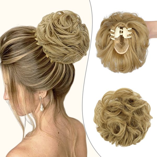 Wodelanle Claw Clip Messy Bun Hair Piece Wavy Hair Bun Curly Messy Bun Hair Piece Synthetic Tousled Updo Hair Extensions Ponytail Scrunchies Hairpieces for Women,Ash Blonde