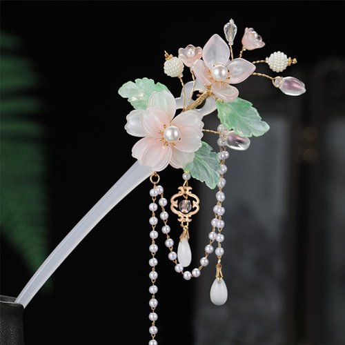 Pink Kapok Flower Pearl Tassels Hairpin Chinese Hanfu Style Hair Fork Retro Flower Resin Handmade Hair Clip Hair Accessories for Women Girls Long Hair(Pink Kapok)